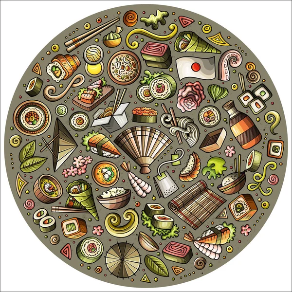 Conjunto de comida japonesa dibujos animados doodle objetos, símbolos y artículos —  Fotos de Stock