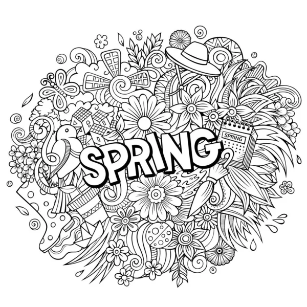 Primavera mão desenhada desenho animado doodles ilustração. Design sazonal engraçado. —  Vetores de Stock