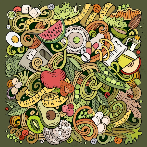 만화 낙서 다이어트 음식 일러스트. 밝은 색상 식이 재미있는 사진 — 스톡 사진