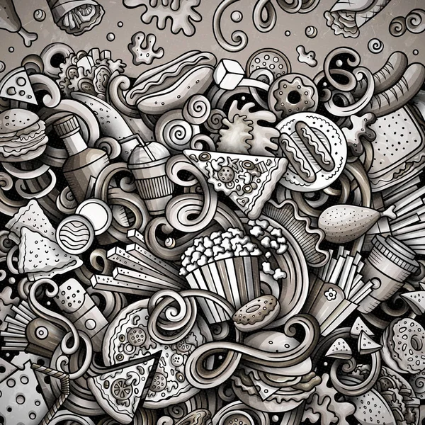 Fastfood mão desenhado doodles ilustração. Design de cartão de quadro de comida rápida — Fotografia de Stock