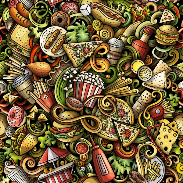 Fastfood hand drawn doodles seamless pattern. Fast food background