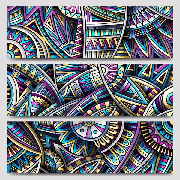 Set de rayas ornamentales étnicas abstractas. Colección de banners vintage de 3 vectores — Vector de stock