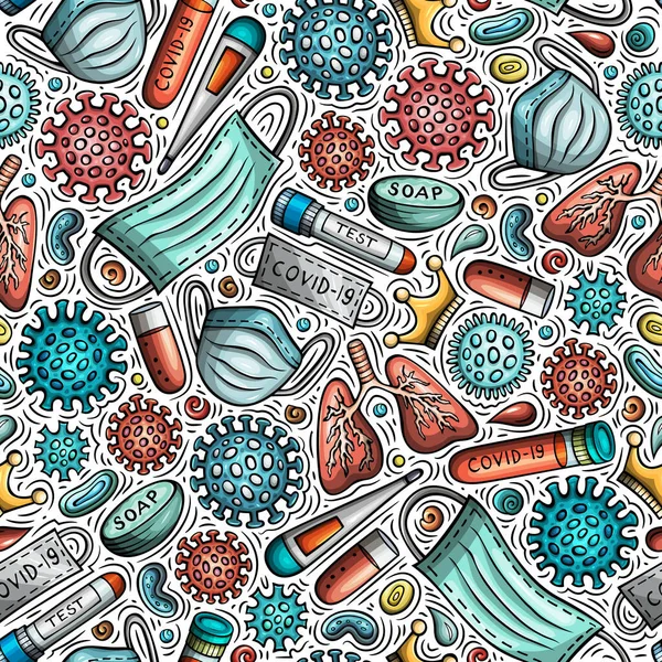 Viren handgezeichnete Doodles nahtlose Muster. Coronavirus-Hintergrund. — Stockvektor