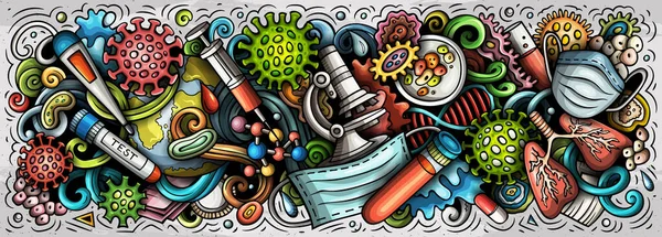 Рука коронавірусу намальована ілюстрація мультяшних каракулів. Барвистий растровий банер — стокове фото