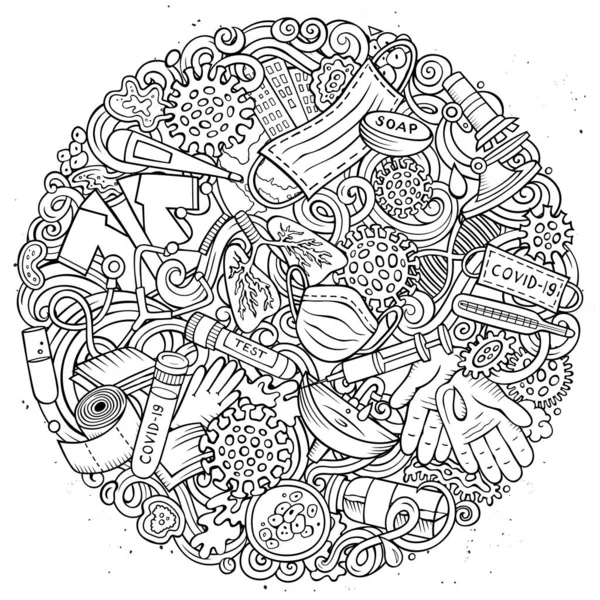코로나 바이러스 손 이 그린 래스터 낙서 그림. 둥근 디자인. — 스톡 사진