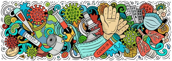 Coronavirus χέρι ζωγραφισμένα κινούμενα σχέδια doodles εικόνα. Πολύχρωμο εικονίδιο ράστερ — Φωτογραφία Αρχείου