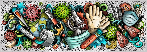 Coronavirus kézzel rajzolt rajzfilm firka illusztráció. Színes raszter zászló — Stock Fotó