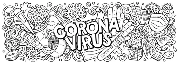 Coronavirus dibujado a mano dibujos animados garabatos ilustración. Banner de trama colorido —  Fotos de Stock