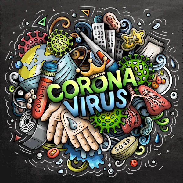 Coronavirus kézzel rajzolt rajzfilm firka illusztráció. Színes összetétel — Stock Fotó