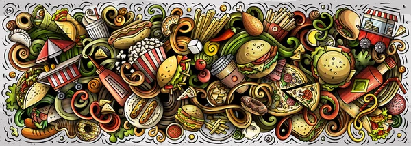 Fast food el karikatür çizimleri çizdi. Renkli raster pankartı — Stok fotoğraf