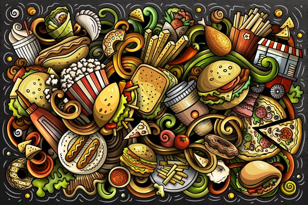 Fastfood handgezeichnete Cartoon Doodles Illustration. Buntes Raster-Banner — Stockfoto