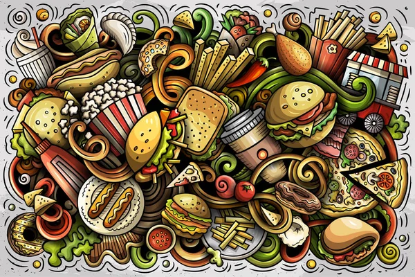 Fastfood handgezeichnete Cartoon Doodles Illustration. Buntes Raster-Banner — Stockfoto