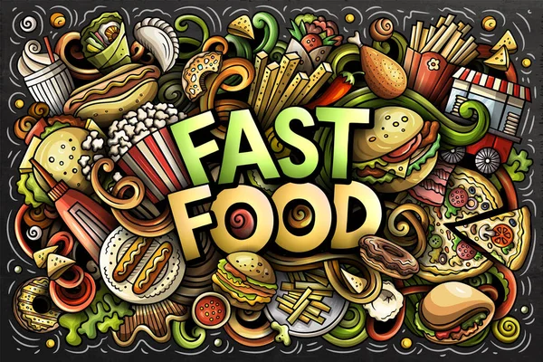 Fastfood handritade tecknade klotter illustration. Färgglada raster banner — Stockfoto