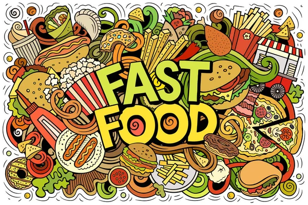 Fastfood ręcznie rysowane kreskówki bazgroły ilustracji. Kolorowy sztandar rastrowy — Zdjęcie stockowe