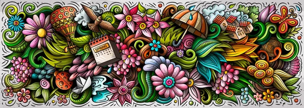 Lente met de hand getekend cartoon doodles illustratie. Kleurrijke spandoek — Stockfoto