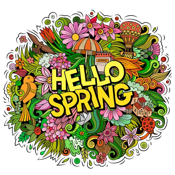 Ciao primavera disegnato a mano fumetto scarabocchi illustrazione. Divertente design stagionale. — Foto Stock