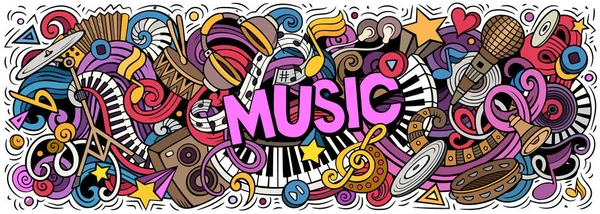 Música dibujado a mano dibujos animados garabatos ilustración. Banner de trama colorido — Foto de Stock