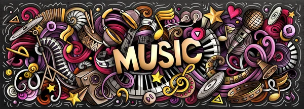 Muziek met de hand getekend tekenfilm doodles illustratie. Kleurrijke spandoek — Stockfoto