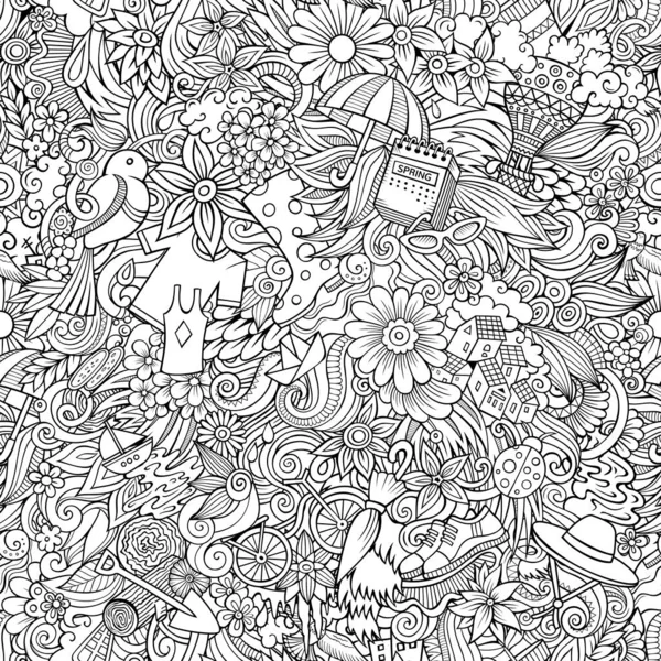 Cartoon cute doodles ręcznie rysowane Wiosna bezszwowy wzór. — Zdjęcie stockowe