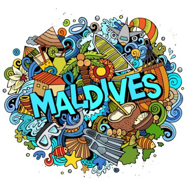 Maldives hand drawn cartoon doodles illustration. Funny travel design. clipart
