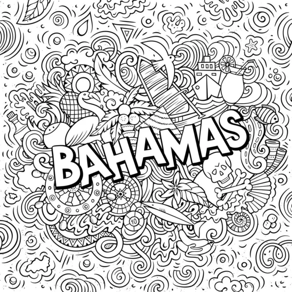 Bahamas hand drawn cartoon doodles illustration. Funny travel design.