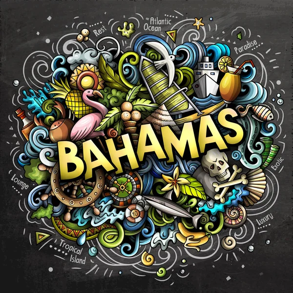 Bahamas dessin à la main illustration de gribouillis de dessins animés. Design de voyage drôle . — Photo