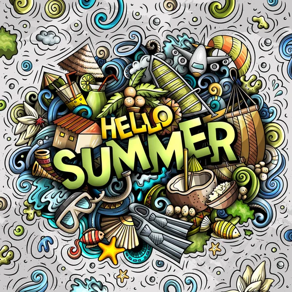 Hello Summer ručně kreslené kreslené kreslené kreslené čmáranice ilustrace. Vtipný sezónní design. — Stock fotografie