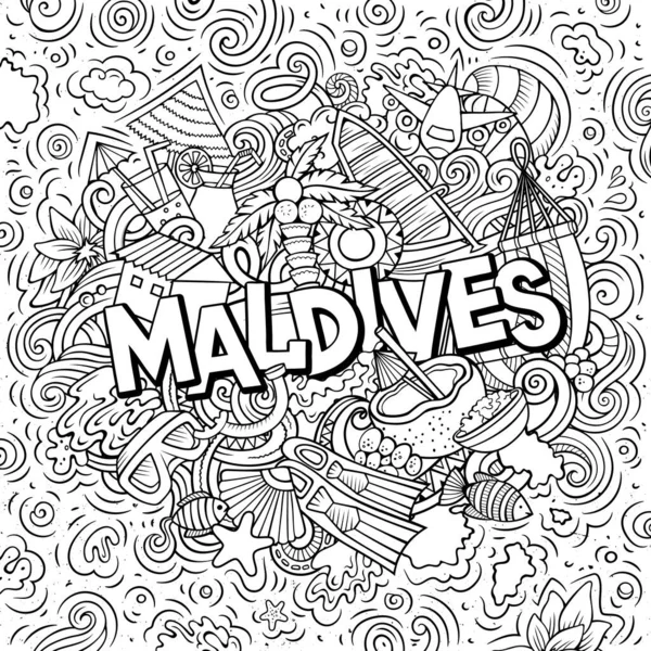 Μαλδίβες χέρι ζωγραφισμένα κινούμενα σχέδια doodles εικόνα. Αστείος σχεδιασμός ταξιδιού. — Φωτογραφία Αρχείου