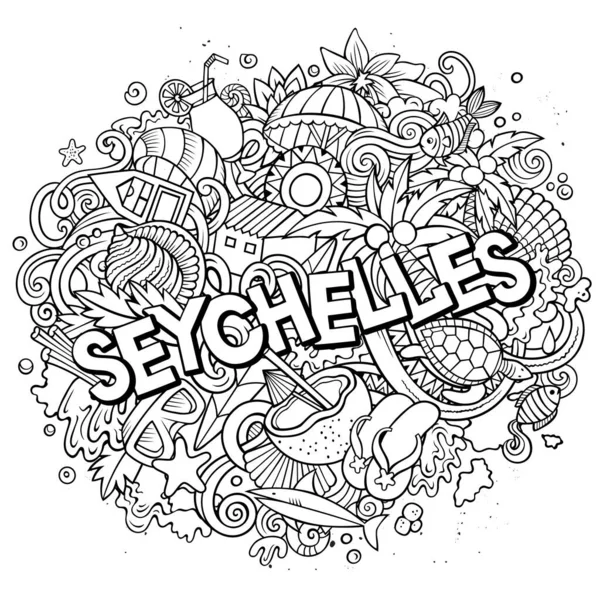 Seychellen handgezeichnete Cartoon Doodles Illustration. Lustiges Reisedesign. — Stockfoto