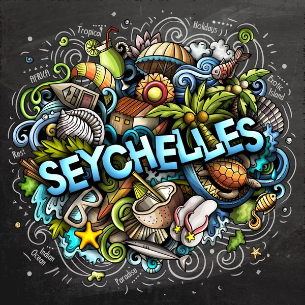 Illustration de gribouillis dessinés à la main aux Seychelles. Design de voyage drôle. — Photo