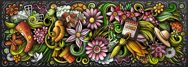 Primavera mão desenhada desenho animado doodles ilustração. Banner colorido raster — Fotografia de Stock