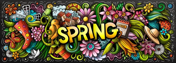 Primavera disegnato a mano fumetto scarabocchi illustrazione. Bandiera raster colorata — Foto Stock