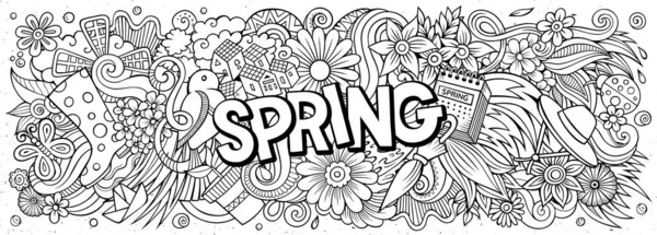 Primavera dibujado a mano dibujos animados garabatos ilustración. Línea arte raster banner — Foto de Stock