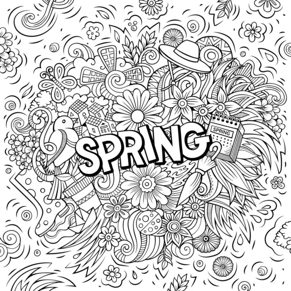 Primavera dibujado a mano dibujos animados garabatos ilustración. Diseño estacional divertido. —  Fotos de Stock