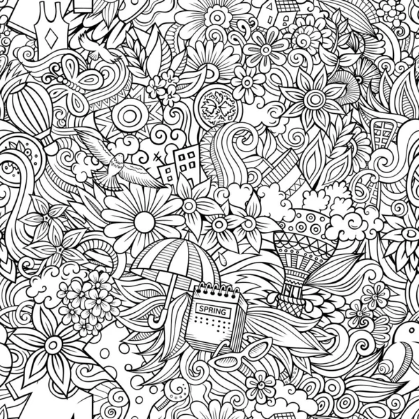 Cartoon cute doodles ręcznie rysowane Wiosna bezszwowy wzór. — Zdjęcie stockowe