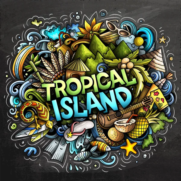 Tropicale paradiso disegnato a mano cartone animato scarabocchi illustrazione. Divertente design stagionale — Foto Stock