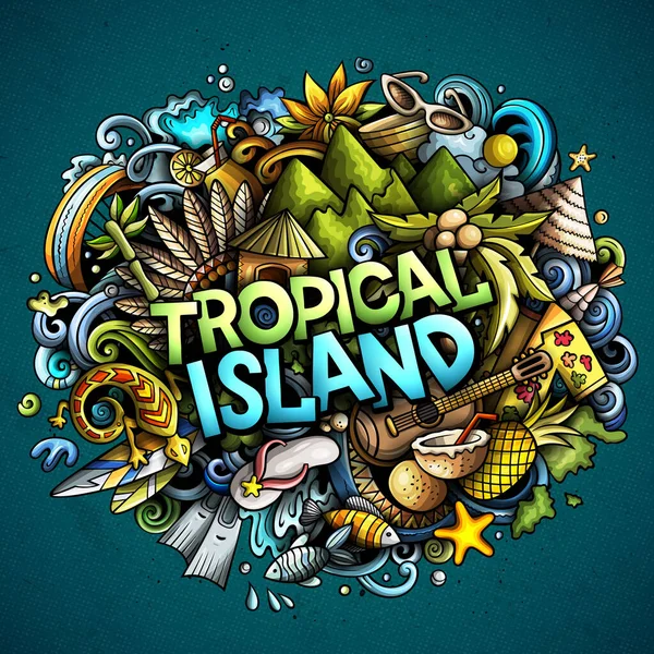 Тропічний рай намальований ілюстрацією мультяшних каракулів. Смішний сезонний дизайн — стокове фото