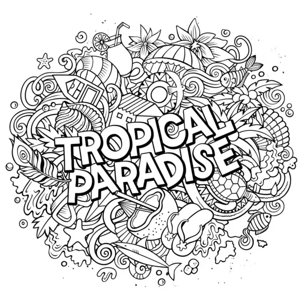 Paraíso tropical dibujado a mano dibujos animados garabatos ilustración. Diseño estacional divertido — Foto de Stock