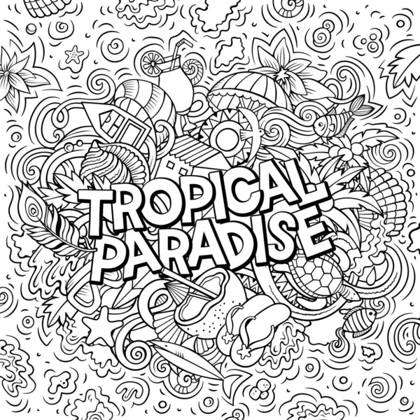 Paraíso tropical dibujado a mano dibujos animados garabatos ilustración. Diseño estacional divertido —  Fotos de Stock