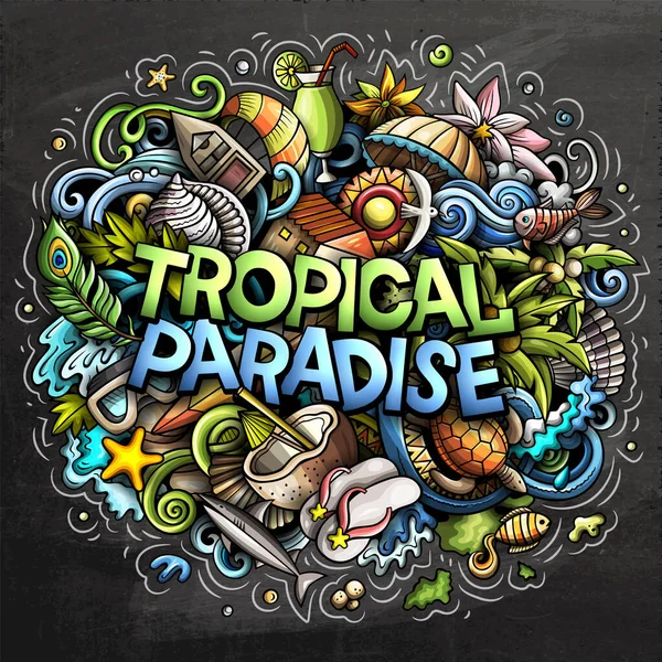 Paraíso tropical dibujado a mano dibujos animados garabatos ilustración. Diseño estacional divertido — Foto de Stock