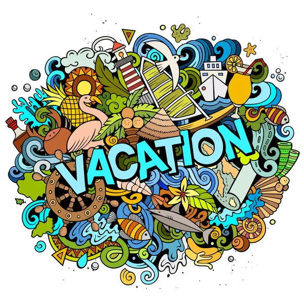 Vacation disegnato a mano cartone animato scarabocchi illustrazione. Divertente design stagionale . — Foto Stock