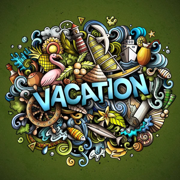 Vacation disegnato a mano cartone animato scarabocchi illustrazione. Divertente design stagionale . — Foto Stock