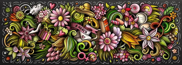 Feliz Día de la Mujer dibujado a mano dibujos animados garabatos ilustración. Banner de trama colorido — Foto de Stock