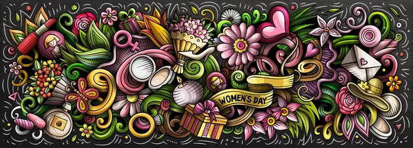 Feliz Dia das Mulheres desenhado à mão desenho animado doodles ilustração. Banner colorido raster — Fotografia de Stock