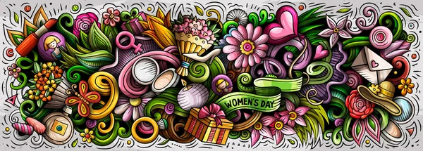 Felice giorno delle donne disegnato a mano cartone animato scarabocchi illustrazione. Bandiera raster colorata — Foto Stock