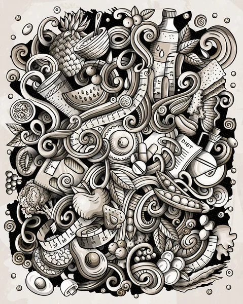 Tecknad raster doodles Diet mat illustration. — Stockfoto