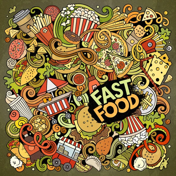 Fastfood handritade raster doodles illustration. Snabb mat affisch design. — Stockfoto