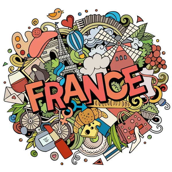 Frankreich handgezeichnete Cartoon Doodles Illustration. Lustiges Reisedesign. — Stockfoto