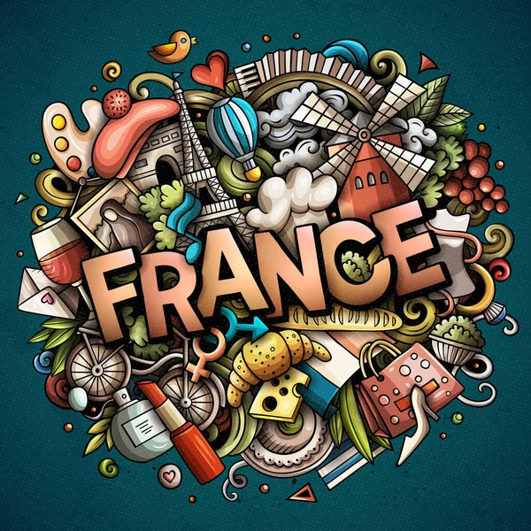Francia dibujado a mano dibujos animados garabatos ilustración. Diseño de viaje divertido . — Foto de Stock