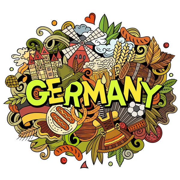 Deutschland handgezeichnete Cartoon Doodles Illustration. Lustiges Reisedesign. — Stockfoto